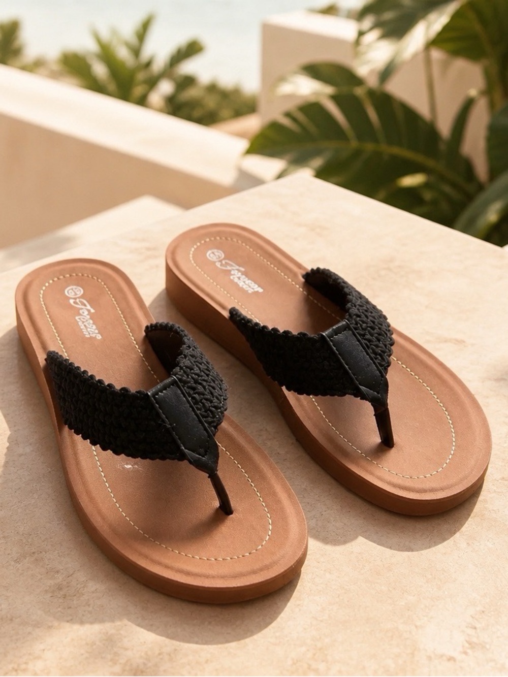 Women’s Black Braided Thong Sandals with Tan Footbed